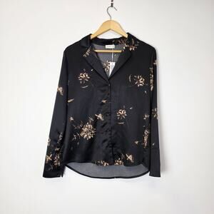 Gentle Fawn Simone Black Satin Floral Long Sleeves Button Up Blouse Top XS NEW